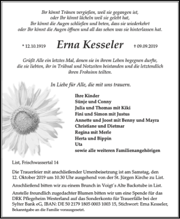 Traueranzeige von Erna Kesseler von Sylter Rundschau