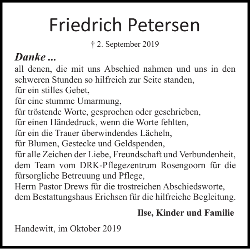  Traueranzeige für Friedrich Petersen vom 05.10.2019 aus Flensburger Tageblatt