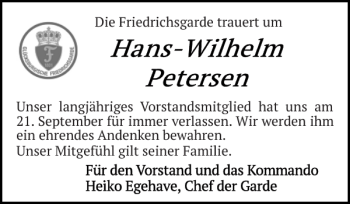 Traueranzeige von Friedrichsgarde um Unser langjähriges Vorstandsmitglied für Unser  von Flensburger Tageblatt