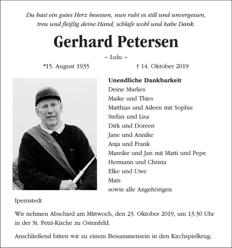  Traueranzeige für Gerhard Petersen vom 19.10.2019 aus Husumer Nachrichten