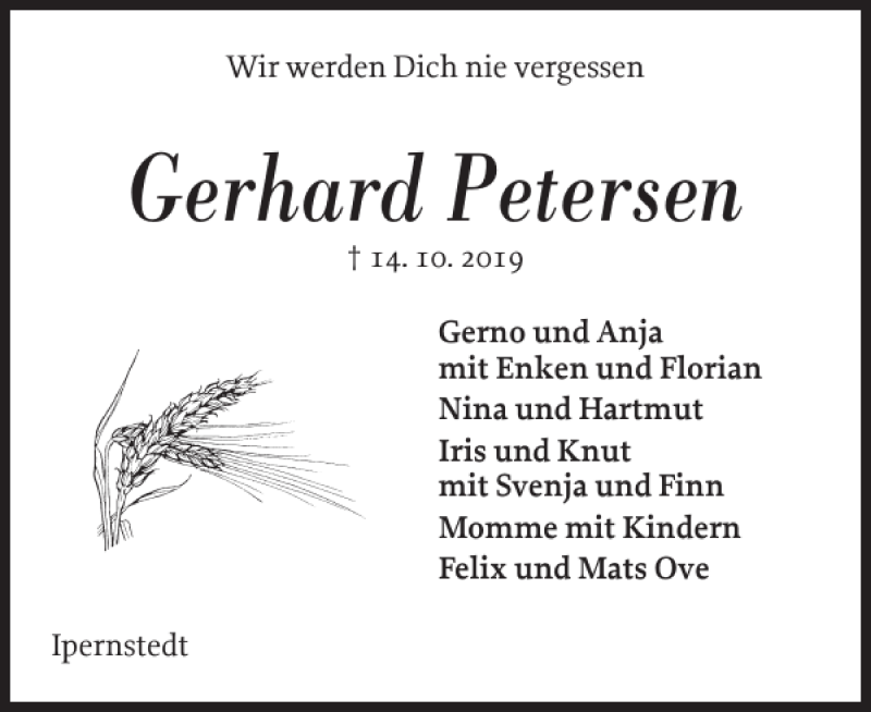  Traueranzeige für Gerhard Petersen vom 23.10.2019 aus Husumer Nachrichten