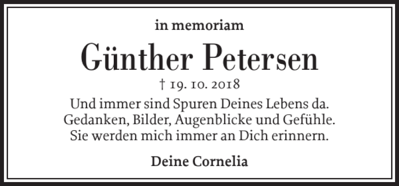  Traueranzeige für Günther Petersen vom 19.10.2019 aus Husumer Nachrichten
