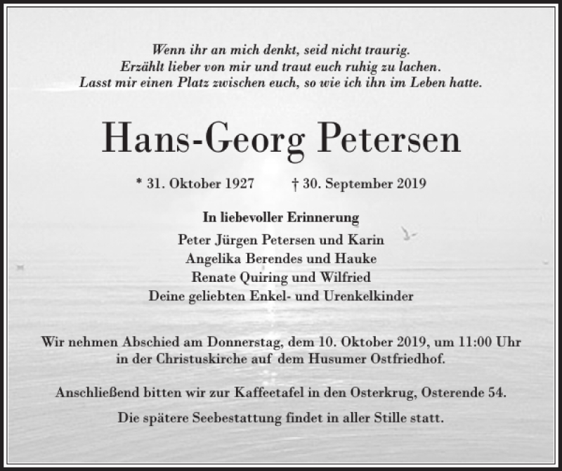  Traueranzeige für Hans-Georg Petersen vom 05.10.2019 aus Husumer Nachrichten
