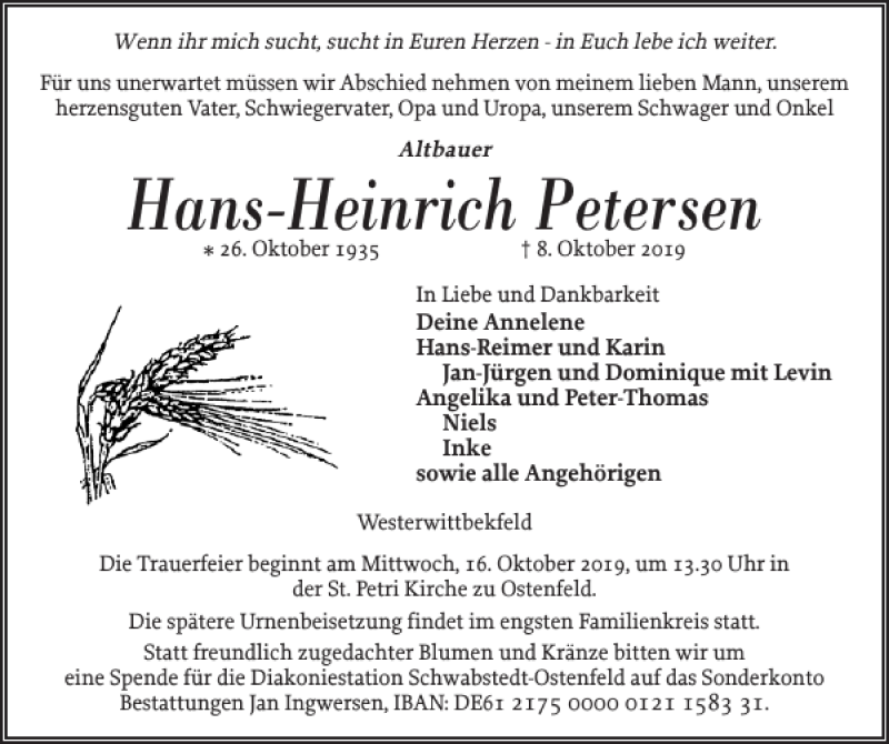  Traueranzeige für Hans-Heinrich Petersen vom 11.10.2019 aus Husumer Nachrichten
