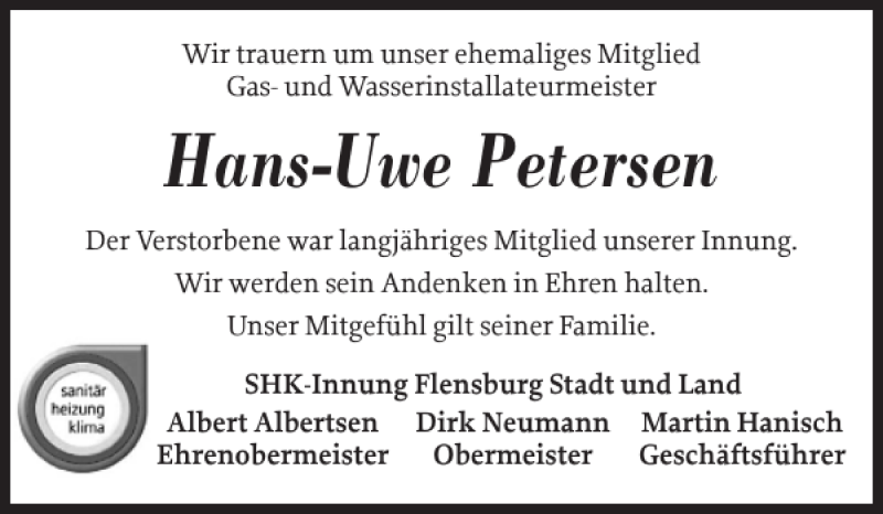  Traueranzeige für Hans-Uwe Petersen vom 21.10.2019 aus Flensburger Tageblatt