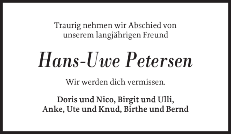  Traueranzeige für Hans-Uwe Petersen vom 18.10.2019 aus Flensburger Tageblatt