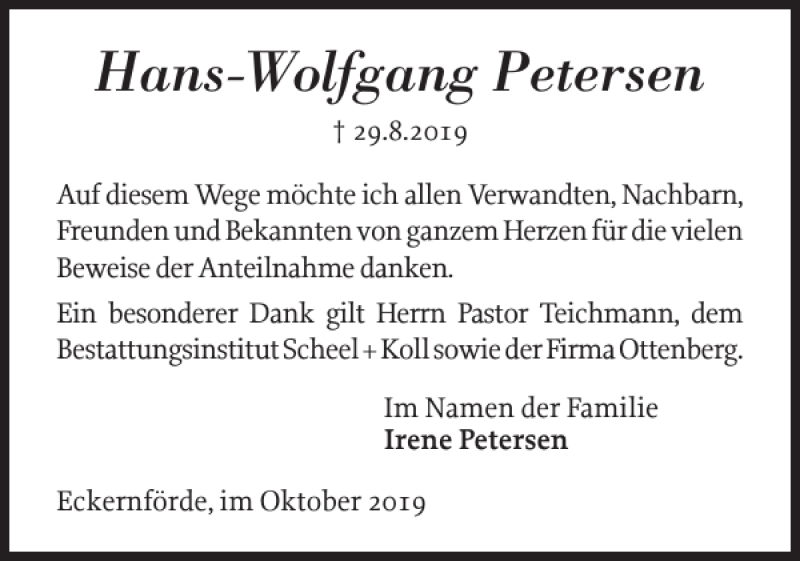  Traueranzeige für Hans-Wolfgang Petersen vom 15.10.2019 aus Eckernförder Zeitung