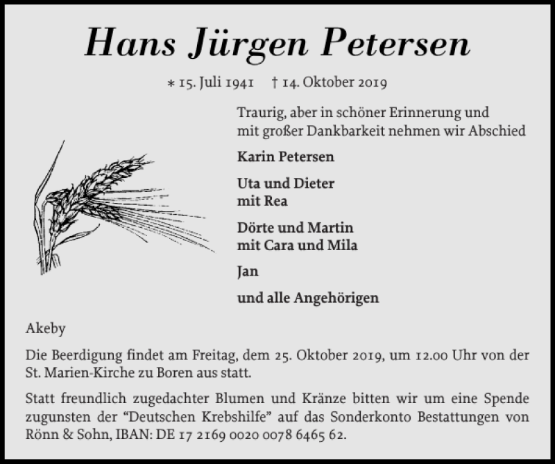  Traueranzeige für Hans Jürgen Petersen vom 19.10.2019 aus Schleswiger Nachrichten