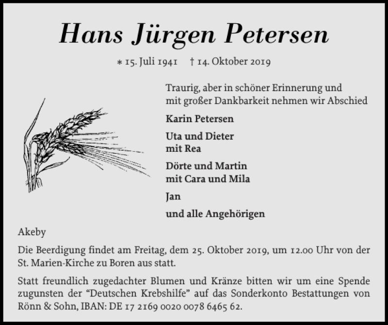  Traueranzeige für Hans Jürgen Petersen vom 21.10.2019 aus Flensburger Tageblatt