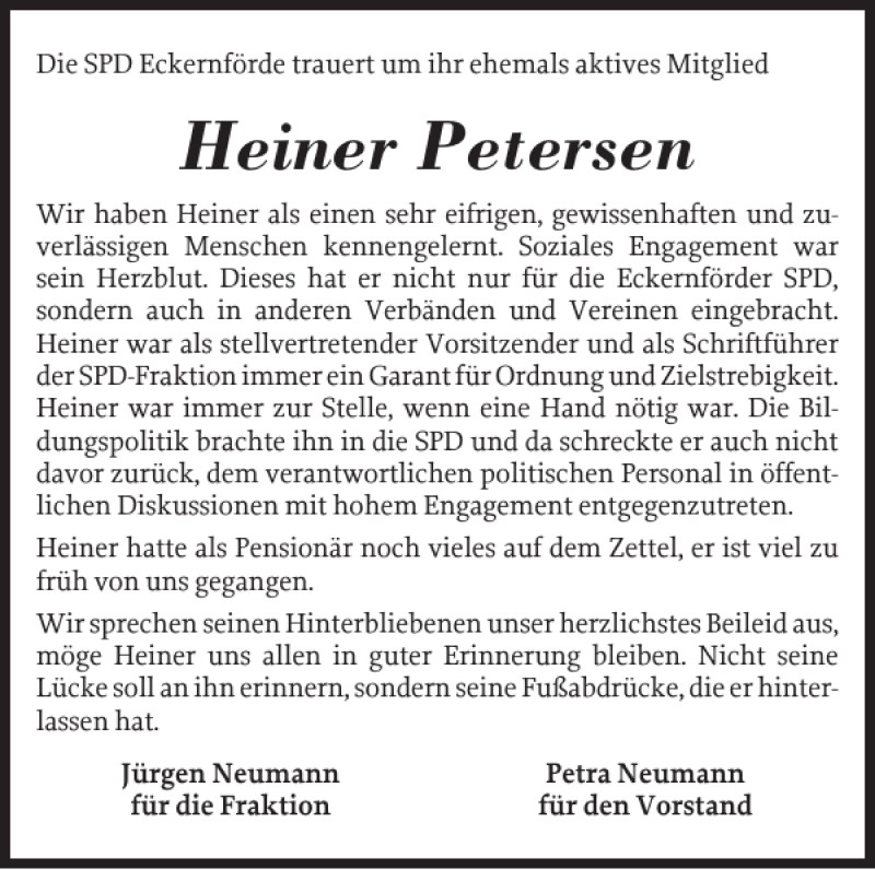  Traueranzeige für Heiner Petersen vom 04.10.2019 aus Eckernförder Zeitung