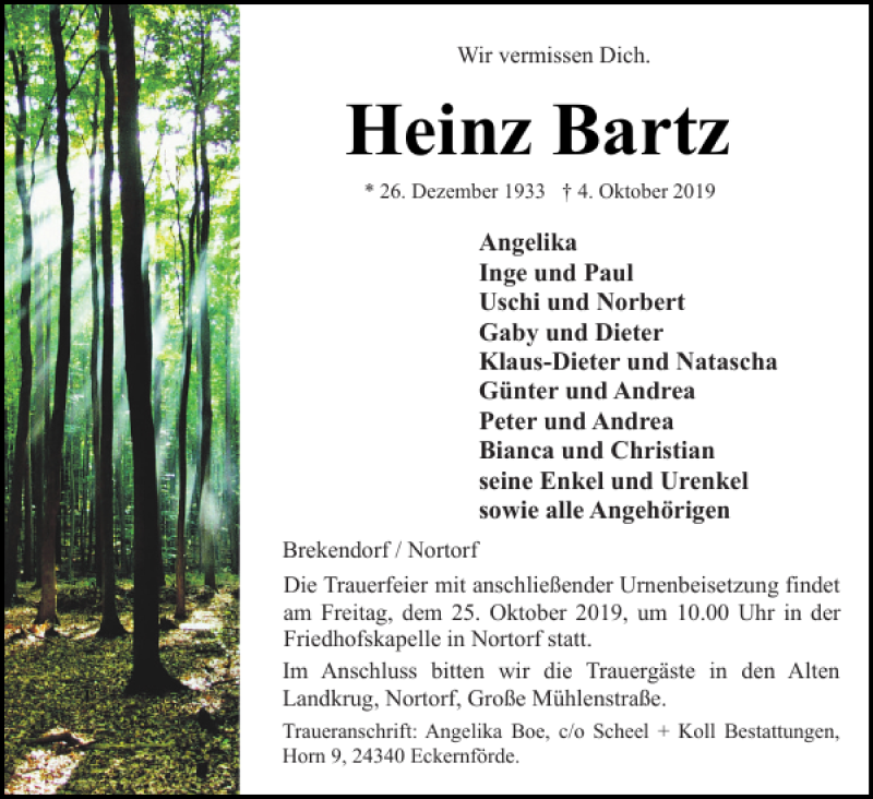  Traueranzeige für Heinz Bartz vom 12.10.2019 aus Landeszeitung