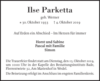 Traueranzeige von Ilse Parketta von Wedel-Schulauer Tageblatt