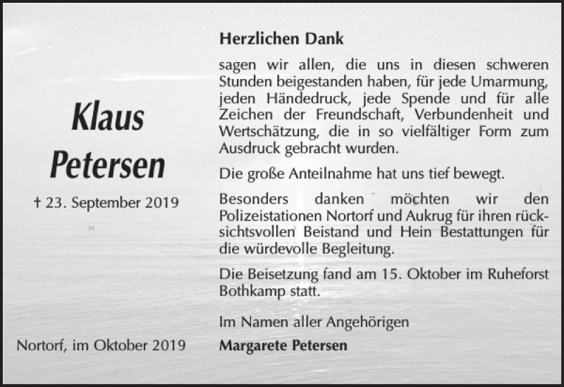  Traueranzeige für Klaus Petersen vom 19.10.2019 aus Landeszeitung