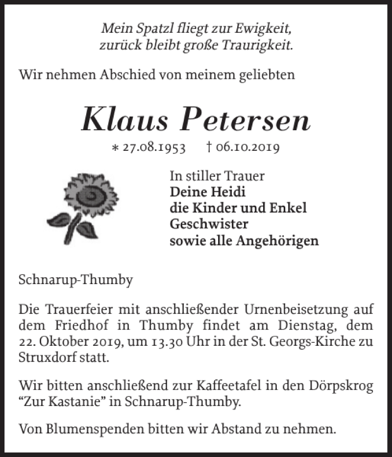  Traueranzeige für Klaus Petersen vom 12.10.2019 aus Schleswiger Nachrichten