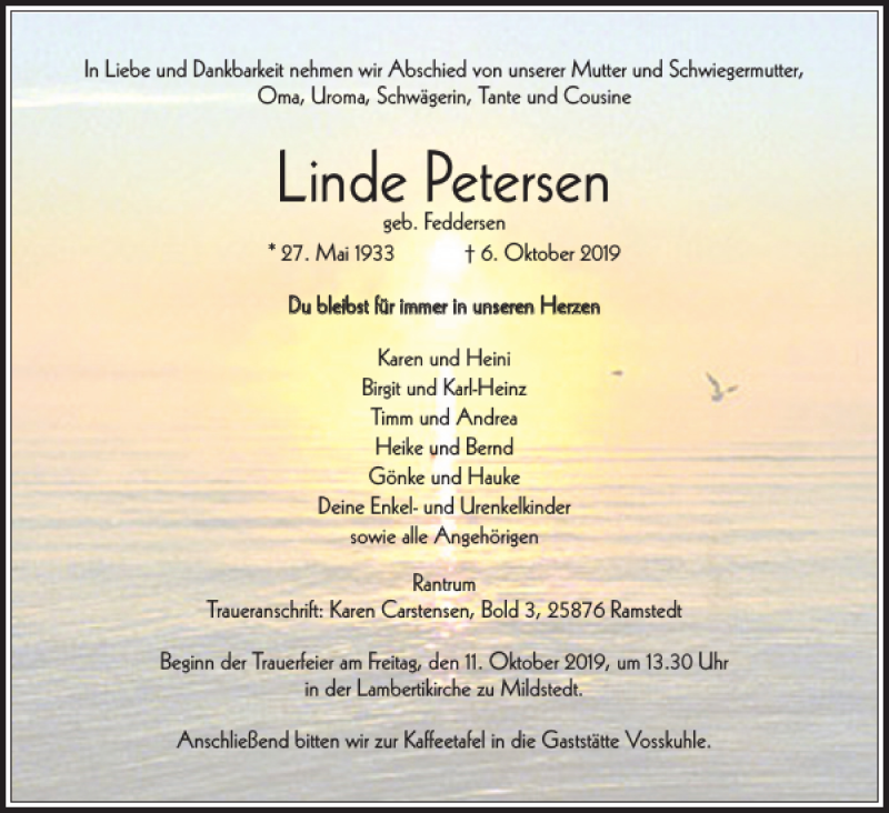  Traueranzeige für Linde Petersen vom 09.10.2019 aus Husumer Nachrichten