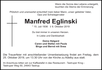 Traueranzeigen von Manfred Eglinski shz Trauer