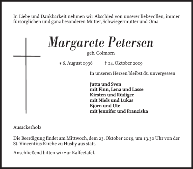  Traueranzeige für Margarete Petersen vom 19.10.2019 aus Flensburger Tageblatt