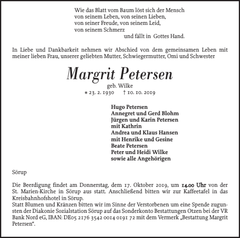  Traueranzeige für Margrit Petersen vom 14.10.2019 aus Flensburger Tageblatt