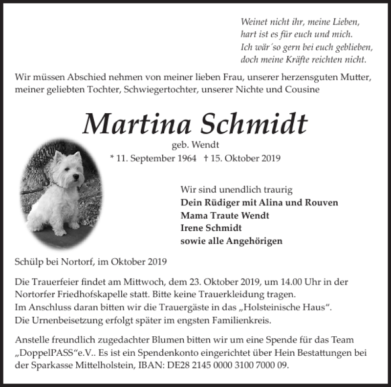  Traueranzeige für Martina Schmidt vom 19.10.2019 aus Landeszeitung