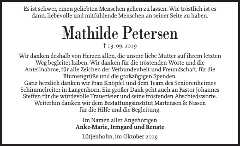  Traueranzeige für Mathilde Petersen vom 12.10.2019 aus Husumer Nachrichten