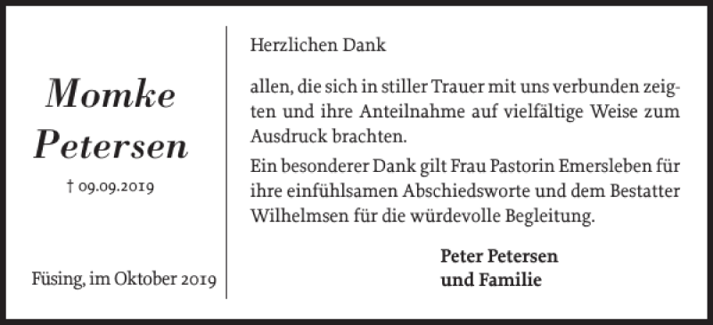  Traueranzeige für Momke Petersen vom 05.10.2019 aus Schleswiger Nachrichten