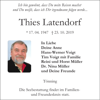 Traueranzeige von Thies Latendorf von Husumer Nachrichten