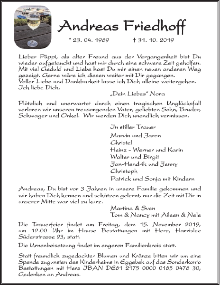  Traueranzeige für Andreas Friedhoff vom 09.11.2019 aus Flensburger Tageblatt