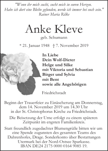 Traueranzeige von Anke Kleve von Husumer Nachrichten