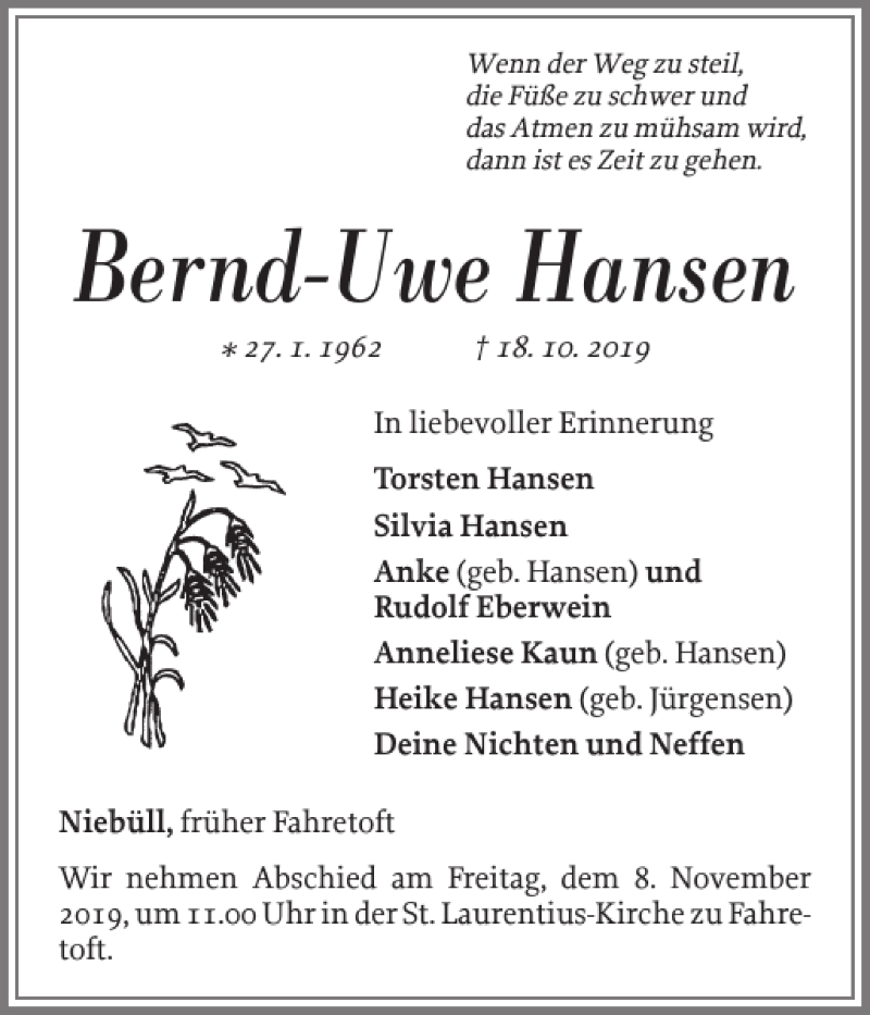  Traueranzeige für Bernd-Uwe Hansen vom 02.11.2019 aus Nordfriesland Tageblatt