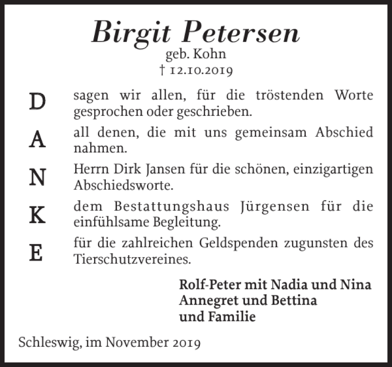  Traueranzeige für Birgit Petersen vom 09.11.2019 aus Schleswiger Nachrichten