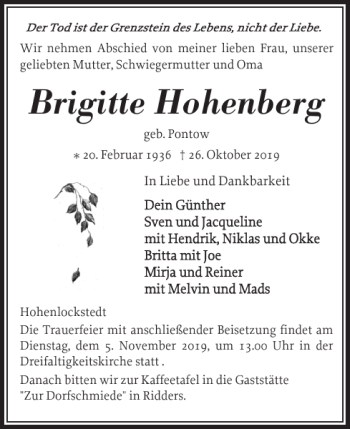Traueranzeige von Brigitte Hohenberg von Norddeutsche Rundschau