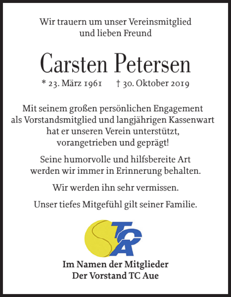  Traueranzeige für Carsten Petersen vom 06.11.2019 aus Wedel-Schulauer Tageblatt
