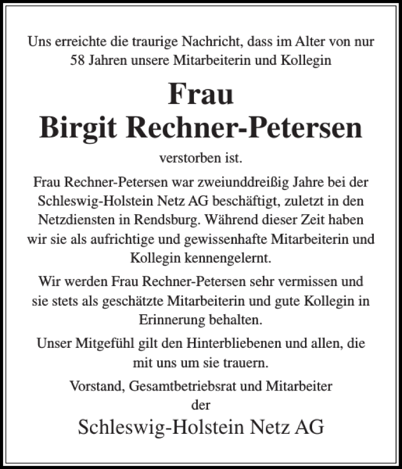  Traueranzeige für Frau Birgit Rechner-Petersen vom 23.11.2019 aus Landeszeitung