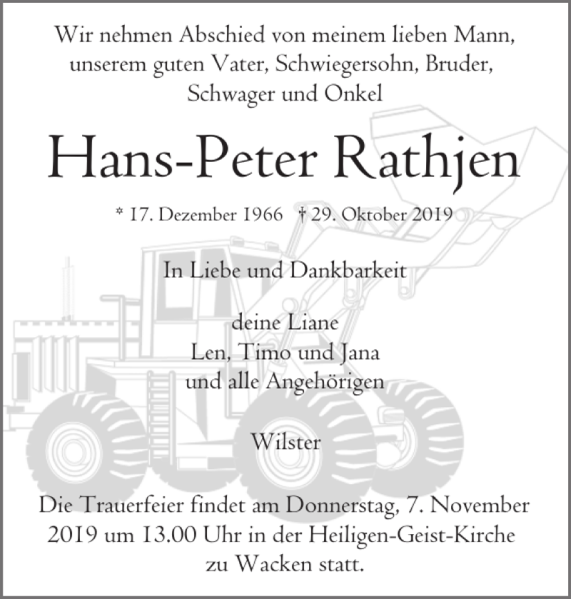  Traueranzeige für Hans-Peter Rathjen vom 02.11.2019 aus Norddeutsche Rundschau