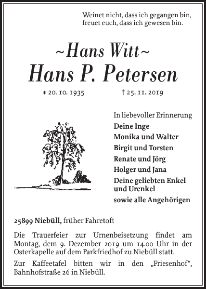  Traueranzeige für Hans P. Petersen vom 30.11.2019 aus Husumer Nachrichten