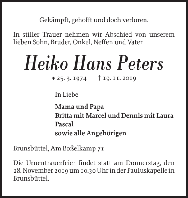  Traueranzeige für Heiko Hans Peters vom 22.11.2019 aus Norddeutsche Rundschau