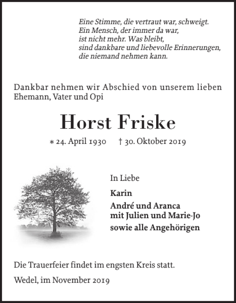  Traueranzeige für Horst Friske vom 09.11.2019 aus Wedel-Schulauer Tageblatt