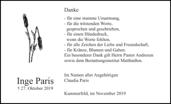 Traueranzeige von Inge Paris von Pinneberger Tageblatt