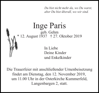 Traueranzeige von Inge Paris von Pinneberger Tageblatt