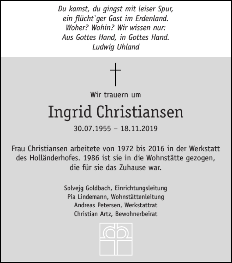  Traueranzeige für Ingrid Christiansen vom 27.11.2019 aus Flensburger Tageblatt