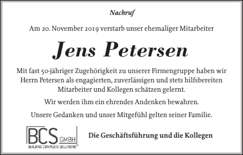  Traueranzeige für Jens Petersen vom 30.11.2019 aus Landeszeitung