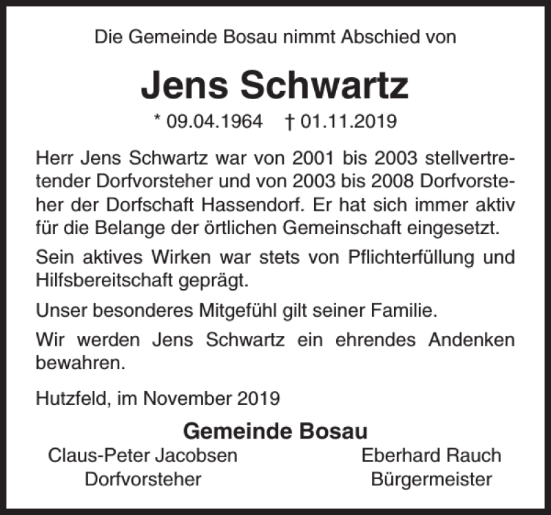  Traueranzeige für Jens Schwartz vom 16.11.2019 aus Ostholsteiner Anzeiger