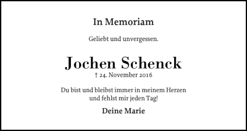  Traueranzeige für Jochen Schenck vom 23.11.2019 aus Elmshorner Nachrichten