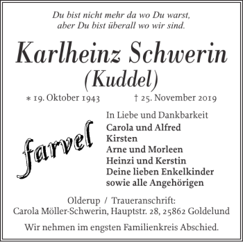 Traueranzeige von Karlheinz Schwerin von Husumer Nachrichten