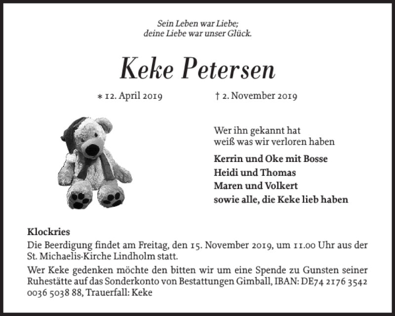  Traueranzeige für Keke Petersen vom 09.11.2019 aus Nordfriesland Tageblatt