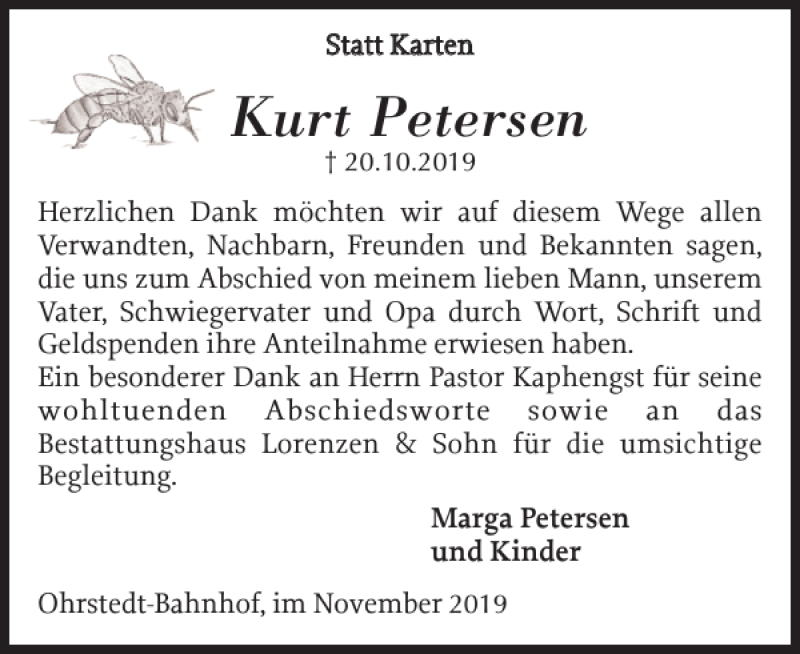  Traueranzeige für Kurt Petersen vom 23.11.2019 aus Husumer Nachrichten