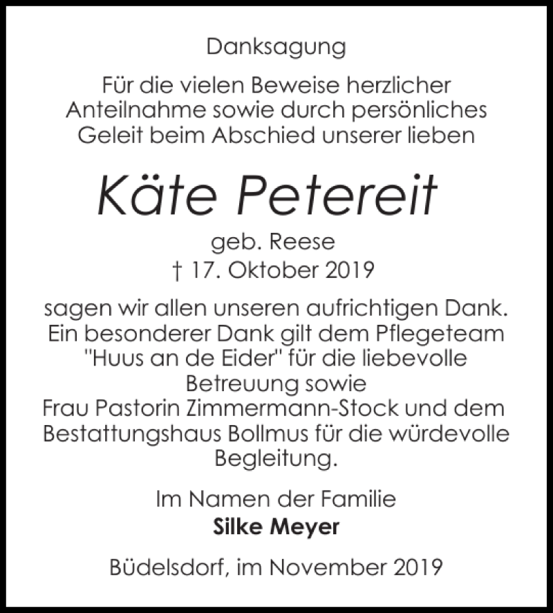  Traueranzeige für Käte Petereit vom 09.11.2019 aus Landeszeitung
