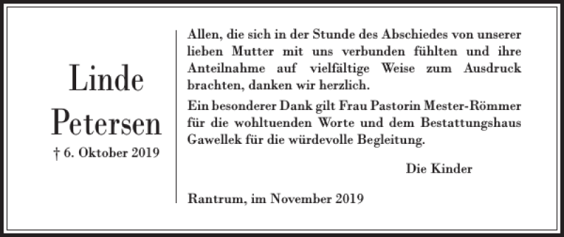  Traueranzeige für Linde Petersen vom 02.11.2019 aus Husumer Nachrichten