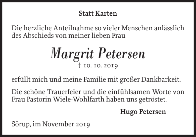  Traueranzeige für Margrit Petersen vom 02.11.2019 aus Flensburger Tageblatt