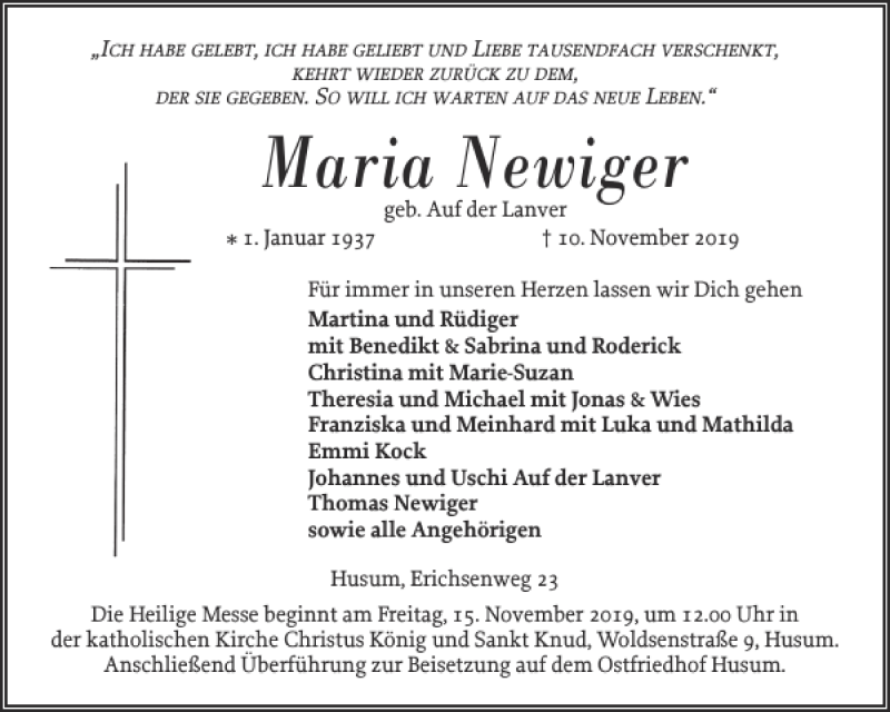  Traueranzeige für Maria Newiger vom 13.11.2019 aus Husumer Nachrichten